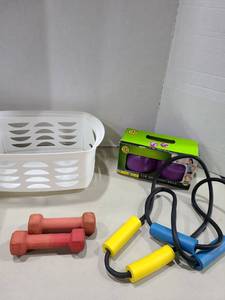 lot 1301 image: Exercise & Fitness Equipment Lot Weight Balls, Dumbbells, Basket