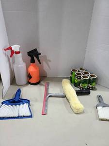 lot 1303 image: Cleaning Supplies Lot Brushes, Rollers, Spray Bottles, Lint Rollers