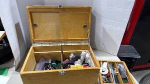 lot 1314 image: Wood box with dog collars, combs and more