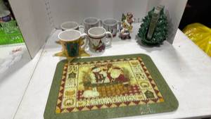 lot 2048 image: Holiday tempered glass cutting tray, napkin holder, salt&pepper shakers and coffee cups
