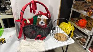 lot 2049 image: Large wicker basket, metal basket, holiday stockings and bag
