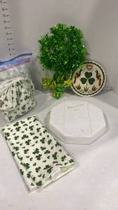 lot 2072 image: Valentine plate and shamrock decor and dish towels