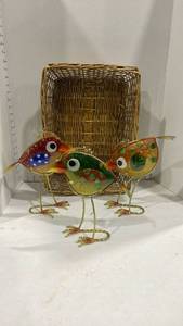 lot 2078 image: Colorful garden birds metal and glass with basket