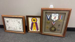lot 3002 image: Lot of 3 Framed Dog Show Awards and Certificates largest is 21x17
