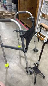 lot 4050 image: Two-Handle Folding Walker with Storage Pouch and Hugo cane