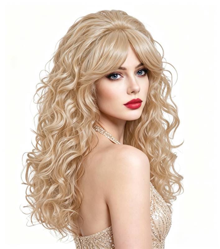 lot 42853 image: NJJYXH 22 Inches Retro Beehive Blonde Wigs for Women Long Wavy Wig with Bangs Synthetic Natural Wig for 60s 70s 80s Cosplay,Halloween,Daily Use - Retail $23
