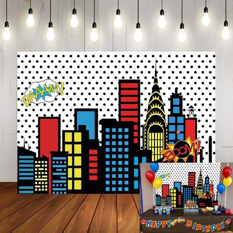 lot 42968 image: Art Studio 7x5ft Superhero Super City Photography Backdrops Skyline Buildings City Boom Photo Background Children Birthday Party Banner Photo Studio Booth Cake Table Decor Vinyl - Retail $9