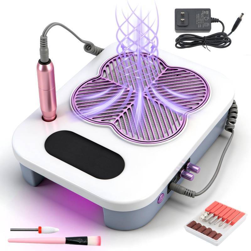 lot 49135 image: 3 in 1 Nail Dust Collector with Drill Lamp Professional,40000RPM Electric Nail Drill Bits Efile Kit with Stepless Speed Control,Nail Dust Vacuum High Suction for Home Salon,Purple - Retail $60