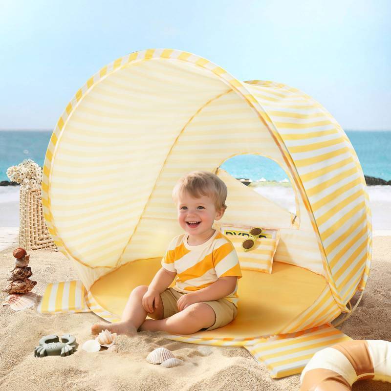 lot 62727 image: Tiny Land Baby Beach Tent Pop Up Tent with UV Protection, Portable Baby Beach Essentials, 35.4x27.6x31.5 Sun Shelter for Infants, Baby Summer Outdoor Use (Pastel Yellow Stripes) - Retail $45