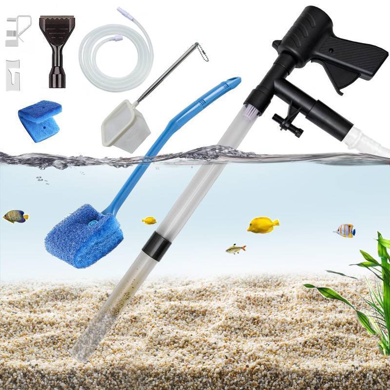 lot 9271 image: Carefree Fish Aquarium Gravel Cleaner 1530In with 6Ft Water Hose Fish Tank Water Changer Sand Vacuum with Skimmer Net and Long Handle Sponge Brush Algae Scraper - Retail $18