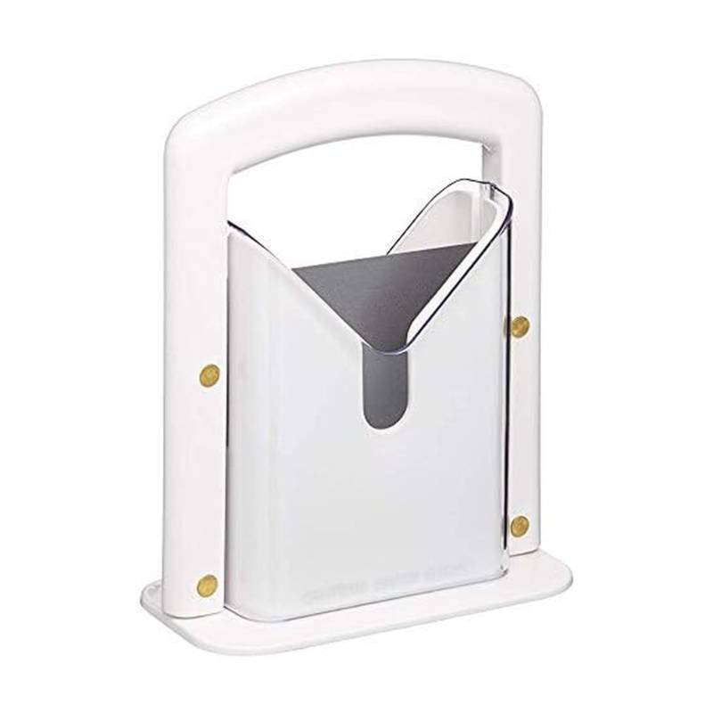 lot 9280 image: Hoan Bagel Biter Slicer and Cutter with Safety Shield - Serrated Blade Cuts Bagels, Muffins, Buns and Rolls - Dishwasher Safe Bagel Guillotine, 9.25 Inches Tall, White - Retail $17