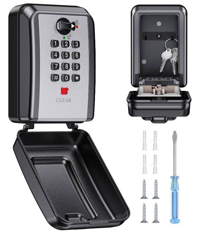 lot 9284 image: Vewaci Wall-Mounted Key Lock Box, 12 Digit Combination Lock Box for Keys with Code, Large Capacity & Weatherproof Outdoor Lockbox, Key Safe Storage Lock Box for Home, Office, Garage - Retail $30