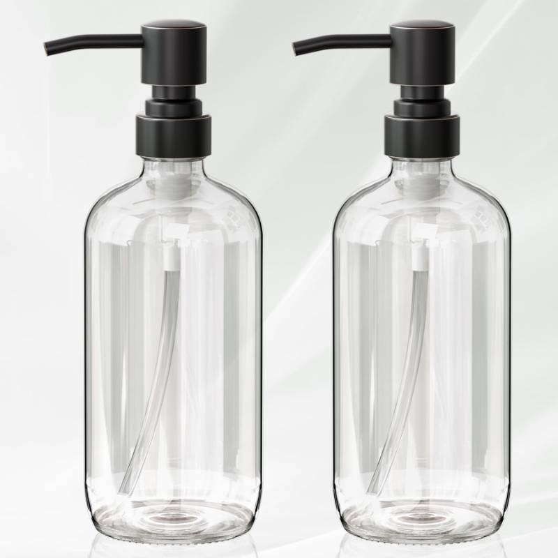 lot 9329 image: AmazerBath Glass Soap Dispenser, 2-Pack Clear Glass Soap Dispenser with Pump Bronze Rustproof, 17 Oz Bathroom Hand Soap Dispenser Bottle for Liquid Lotion, Kitchen Dish Soap Dispenser - Retail $17