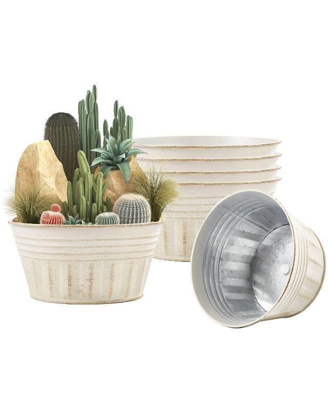 lot 19676 image: vensovo 10 Inches Beige Metal Rustic Plant Pots - 4 Pcs Large Shallow Galvanized Planters with Drain Hole and Rubber Plug, Rustproof Tin Bucket Succulent Pot Indoor Farmhouse Vintage Style for Decor - Retail $31