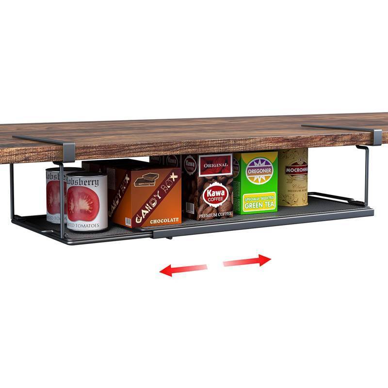 lot 24251 image: SHINEWON Expandable Under Cabinet Shelf, Extendable Under Shelf Storage with 0.94 Inches Thick Clips for Pantry Cabinet, Laundry Room, Shoe Rack. (Black, 1 Pack, Interior 3.66 H x 8.26 D) - Retail $19