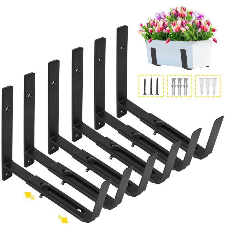 lot 42732 image: LukLoy Window Planter Box Brackets, 6 Pack Adjustable Heavy Duty Wall Mount Window Flower Boxes Outdoor with Bracket (6 to 12 in), with 70lbs Capacity, Black - Retail $35