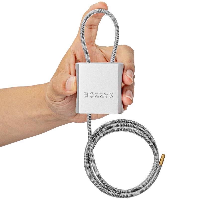 lot 42779 image: BOZZYS Cable Lock with 3 Keys  L 3.28ft(1m),D 16in(4mm) Adjustable Steel Cable Padlock  Aluminum Locks for Bikes, Gate, Lockers & Outdoor Gear  Weatherproof& Silver - Retail $17