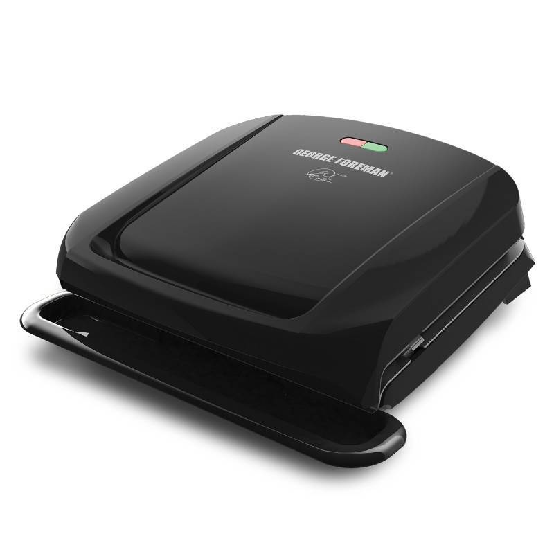 lot 62204 image: George Foreman 4-Serving Removable Plate Electric Grill and Panini Press, George Tough Non-Stick Coating, Drip Tray Catches Grease, Black - Retail $42