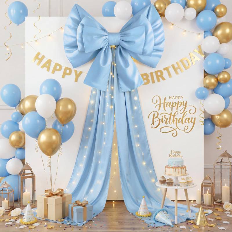 lot 62207 image: DoubleFill 55 x 118 Giant Blue Bow Backdrop Oversized Silk Coquette Bow for Something Blue Bridal Shower Decor Large Hall Outdoor Weddings Birthday Party Baby Shower Indoor Home Wall Room Decoration - Retail $60