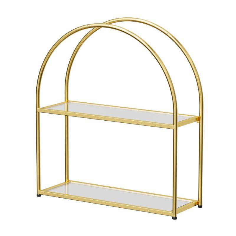 lot 62214 image: Crofy Gold Arched Frame Wall Shelf, Decorative 2 Tier Bathroom Wall Shelf with Transparent Tempered Glass Shelves and Robust Storage Capacity, 5.1 D x 17.9 W x 19.18 H - Retail $40