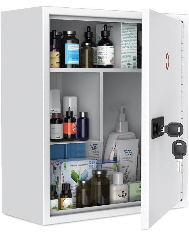 lot 62223 image: Uniclife Wall Mount Medicine Cabinet with Combination & Key Lock Locking First Aid Cabinet Lockable Medical Cabinet Large Capacity Medicine Organizer Secure Steel Wall Cabinet Metal Storage Box, White see pic.  Weld on door came off.   - Retail $50