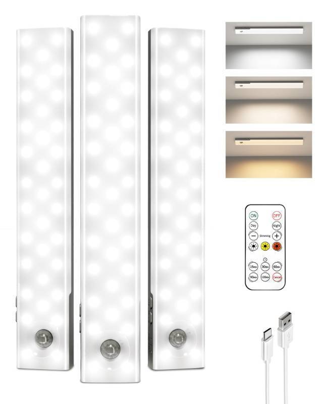lot 29395 image: EZVALO 3-Pack Under Cabinet Lighting, 2000mAh Rechargeable Wireless Motion Sensor Lights, 62LEDs, 3 Color Temps, Dimmable, Timer, Magnetic, with Remote Control for Kitchen, Closet, Stair - Retail $24
