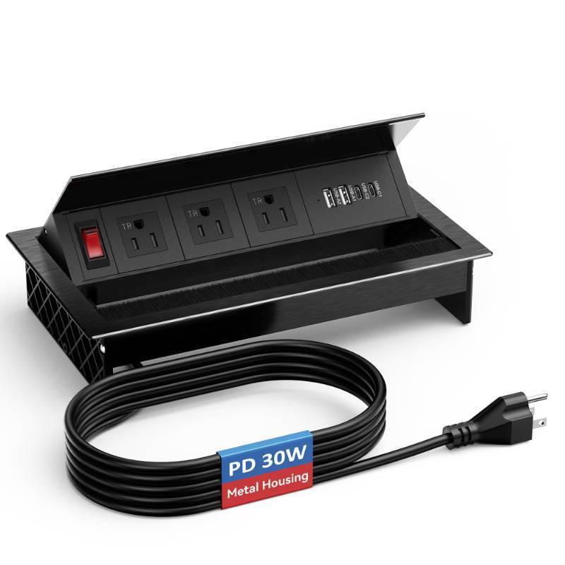 lot 44026 image: Recessed Conference Table Power Hub with 4 USB Ports,3AC TR Outlets, PD 30W USB-C PD Fast Charging, Metal Housing Flush Mounted for Desks, Kitchens, RVs, 6FT Power Cord - Retail $56
