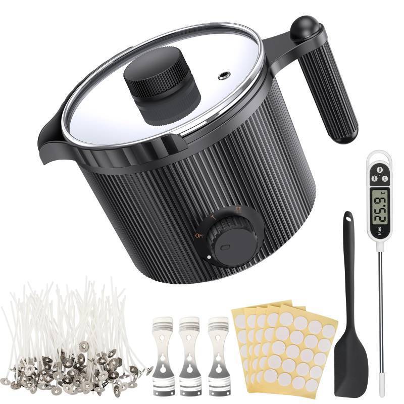 lot 22268 image: Candle Wax Melter with Pour Spout, Candle Making Kit for Adult Beginners, for Candle Making, Set Includes Wax Melting Pot, Stirring Spoon, Thermometer, Wick, Wick sticker and Centering Device - Black - Retail $34