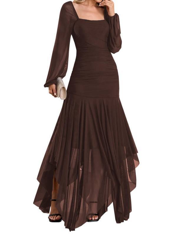 lot 45276 image: URYIAO Womens Formal Long Sleeve Maxi Dress Asymmetrical Hem Square Neck Mesh Wedding Guest Cocktail Dresses S Brown - Retail $63