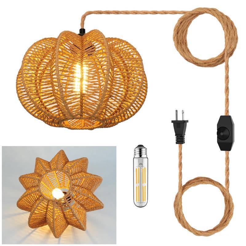 lot 45288 image: tebio Plug in Pendant Light Rattan Hanging Lights with Plug in Cord 15FT Hemp Rope Cord, Dimmable Switch Indoor Hanging Lamps for Boho Living Room Bedroom Bulb Included 11 x 7 inch - Retail $36