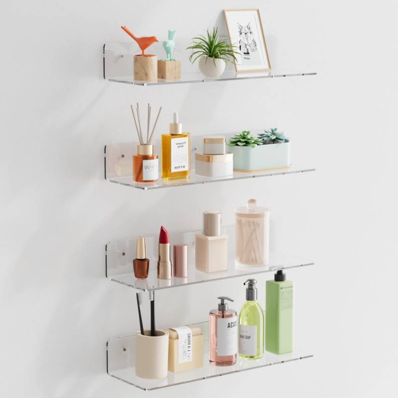 lot 33071 image: HANGE 4-Pack Clear Acrylic Floating Shelves, 12 Invisible Wall Mounted Shelves Space-Saving Storage for Kids Books, Bathroom, Bedroom, Kitchen, Living Room Modern Display Organizer - Retail $12