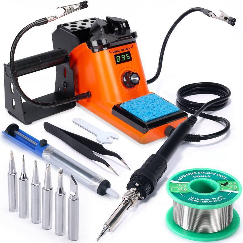lot 22905 image: YIHUA 926 III 60W LED Display Soldering Iron Station Kit w 2 Helping Hands, 6 Extra Iron Tips, Roll of Lead-Free Solder, Solder Sucker, SS Tweezers, °C�F Conversion, Auto Sleep & Calibration Support - Retail $40