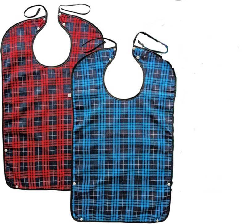 lot 33937 image: HYMIC 2 Pack Adult Bibs for Men Women Elderly Reusable Large Adult Bibs for Eating, Adjustable Washable Clothing Protectors with Crumb Catcher for Senior (2Pack BlueRed) - Retail $5