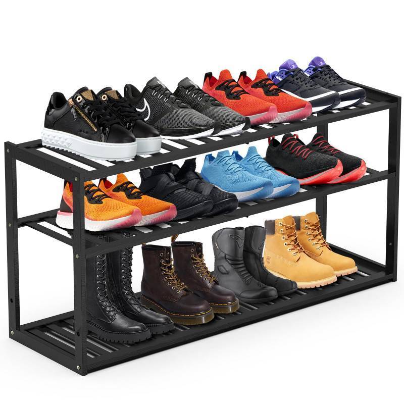 lot 32474 image: Jripae Bamboo Shoe Rack for Closet, 3 Tier 32.5inch Longer Shoe Organizer Shelf Holder Storage 12-15 Pairs Stackable for Entryway Door Hallway Bedroom Garage Space Saving Foldable Black - Retail $28