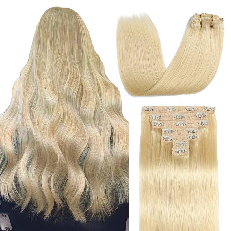 lot 24654 image: Sisily Clip in Hair Extensions Real Human Hair, 16 inch 120g, Bleach Blonde, 100% Brazilian Remy Human Hair Clip in Extensions Soft Straight 7pcs Per Set with 16 Clips Double Weft - Retail $66