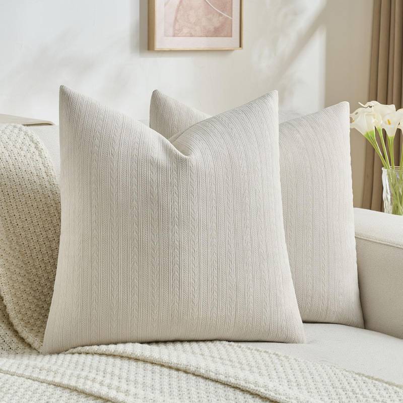 lot 24850 image: FUTEI Pack of 2 Solid Chenille Throw Pillow Covers 20x20 Inch Soft Cozy Wheat Ear Striped Textured Decorative Cushion Cases Modern Farmhouse Accent for Couch Bed Living Room, Beige - Retail $22