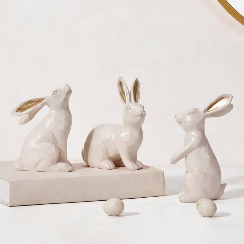 lot 24970 image: DN DECONATION Easter Bunny Figurines, Small Decorative Bunny Statue Set of 3, Beige & Gold Easter Rabbit for Modern Tabletop Decor Home Spring Decoration Gift, Resin Sculptures Decor - Retail $18