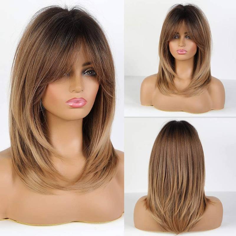 lot 26301 image: Alanhair Ombre Brown Wigs for Women,Shoulder-Length Layered Wigs with Bangs Heat Resistant Synthetic Fibre Wigs - Retail $26