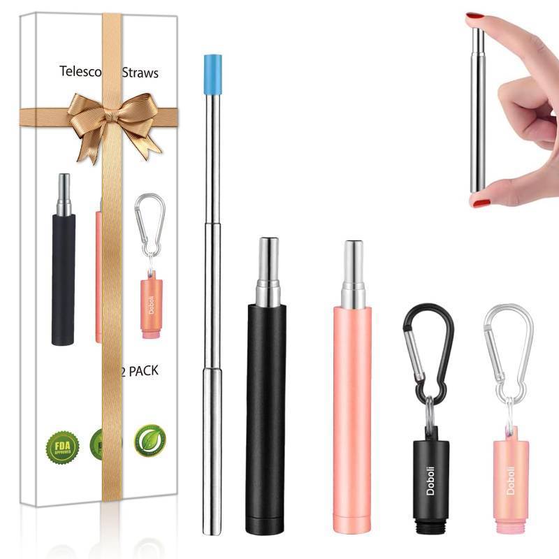 lot 26520 image: 2 Pack Reusable Metal Straws Collapsible Stainless Steel Drinking Straw Travel Portable Telescopic Straw with Case for Cruise Ship Essentials BlackRose Gold - Retail $8