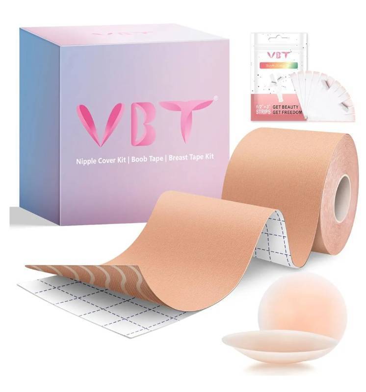 lot 31433 image: VBT Boob Tape - Breast Lift Tape, Body Tape for Breast Lift w 2 Pcs Silicone Breast Reusable Adhesive Bra, Bob Tape for Large Breasts A-G Cup, Nude - Retail $20
