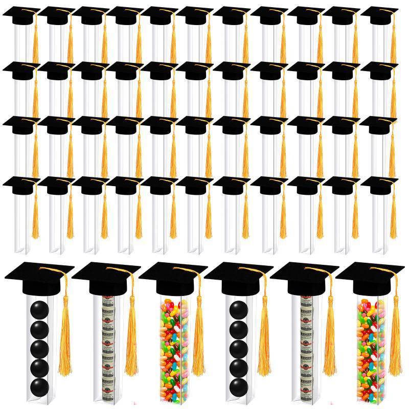 lot 25348 image: Didaey 50 Set 2026 Graduation Gumball Tubes Graduation Party Favors Including 50 Pcs Candy Container and 50 Pcs Mini Caps with Gold Tassels Set for Grad Party Guests Supplies(Black) - Retail $26