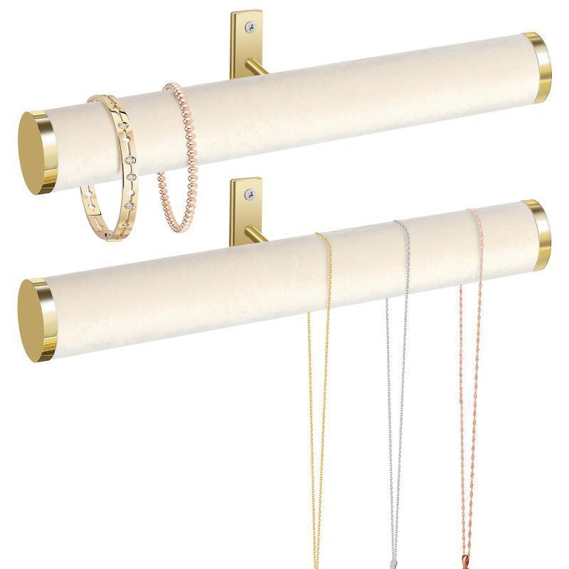 lot 24078 image: milylove Velvet Necklace Holder Wall Jewelry Organizer, 12 Hanging Necklace Organizer, 2 Pack Wall Mounted Necklace Hanger for Bracelets Bangles Display,Beige - Retail $18