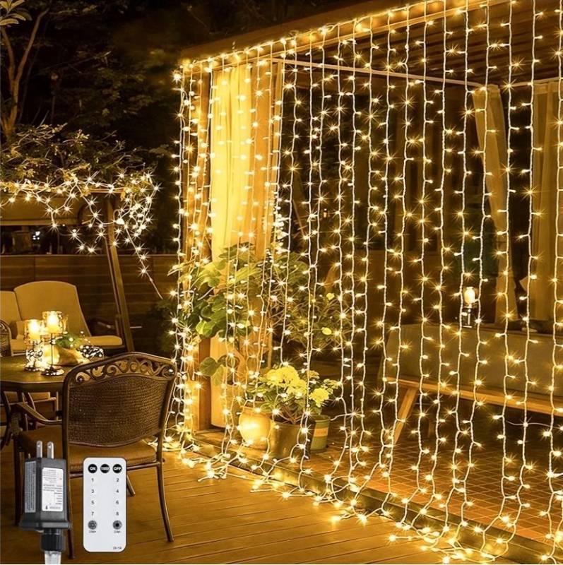 lot 46260 image: 300 LED Remote Control Curtain Lights, Plug in Fairy Curtain Lights Outdoor, Window Wall Hanging String Lights for Bedroom Indoor Dorm Backdrop Wedding Party Patio Christmas Decor, Warm White - Retail $20
