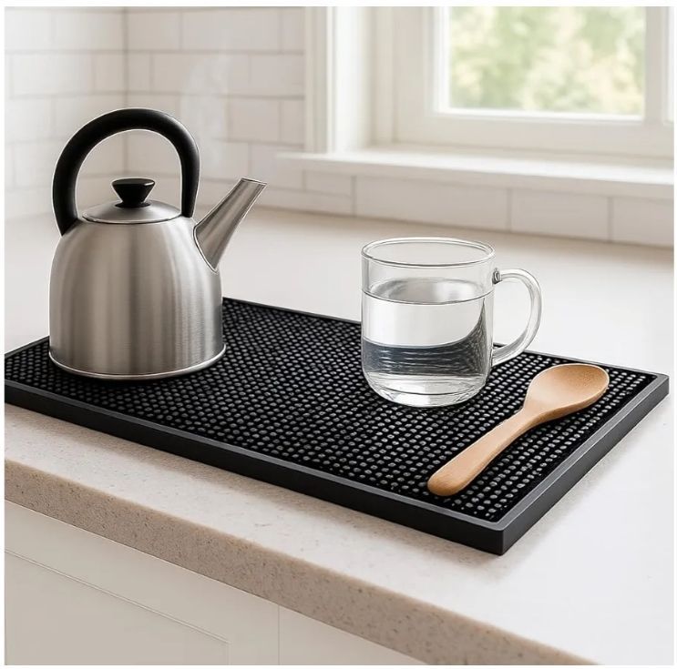 lot 46383 image: Rubber Bar Mat 45x30 cm,10mm Premium Non-Slip Service Mat for Kitchen, Bar Counter, Coffee Station, Spill-Resistant & Easy to Clean,Multipurpose Use, Grey, 2 Count. - Retail $20