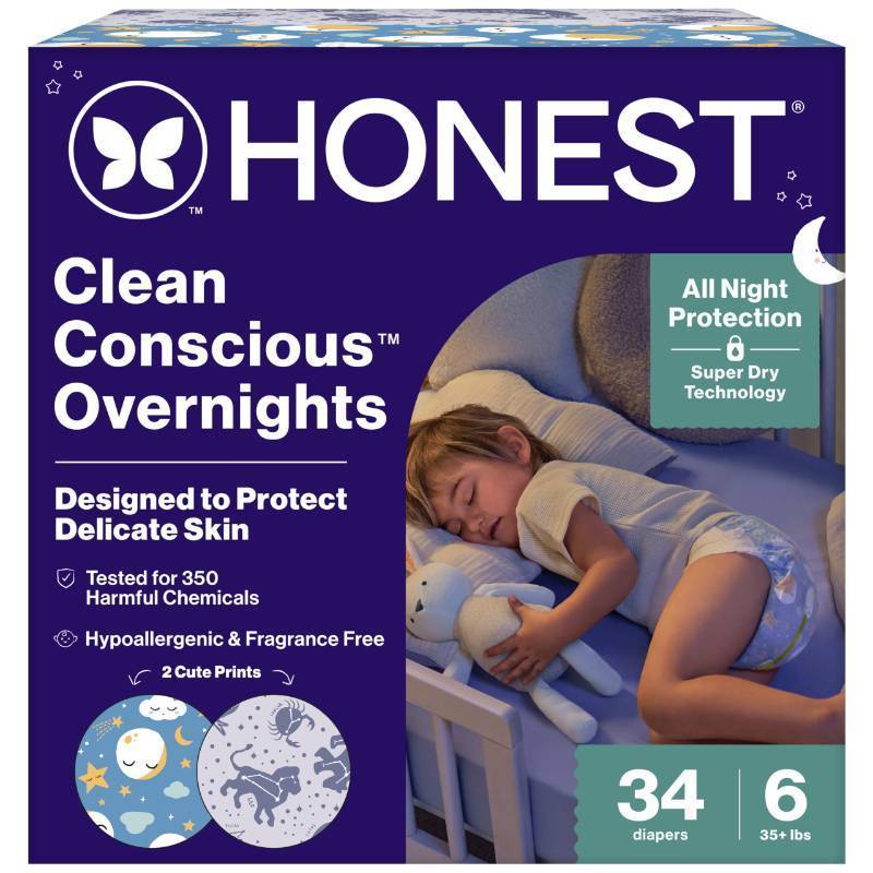 lot 57970 image: The Honest Company Comfort Dry Overnight Diapers, Up to 12 Hours Protection, Hypoallergenic, Fragrance-Free, Cozy Cloud  Star Signs, Club Box Size 6 (35 lbs), 34 Count - Retail $24