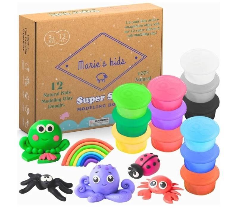 lot 17054 image: Modeling Clay for Kids - 12 Super Soft & 100% Natural Doughs Made from Wheat Flour - 100g Per Can of Reusable & Vibrant Clay Modeling Kit  - Retail $25