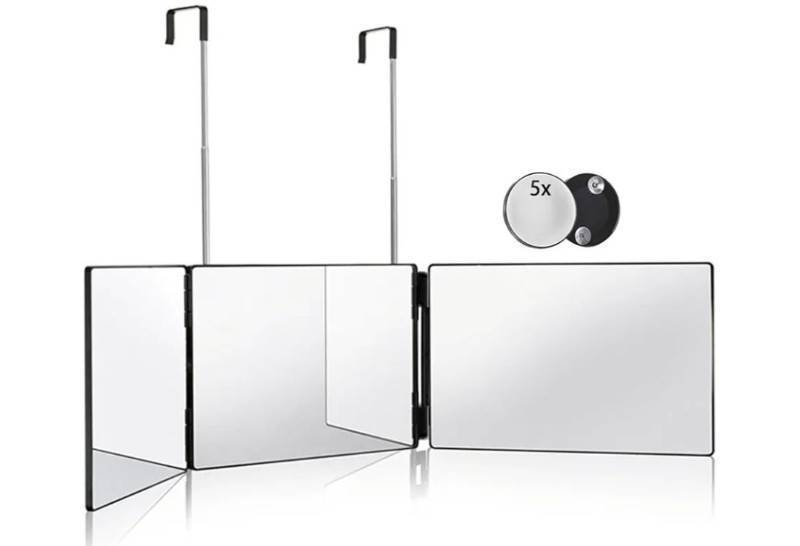 lot 17065 image: 3 Way Mirror for Hair Cutting,360 Trifold Mirror with Height Adjustable Telescoping Hooks, 5X Magnification, Makeup, Hair Styling - Retail $24