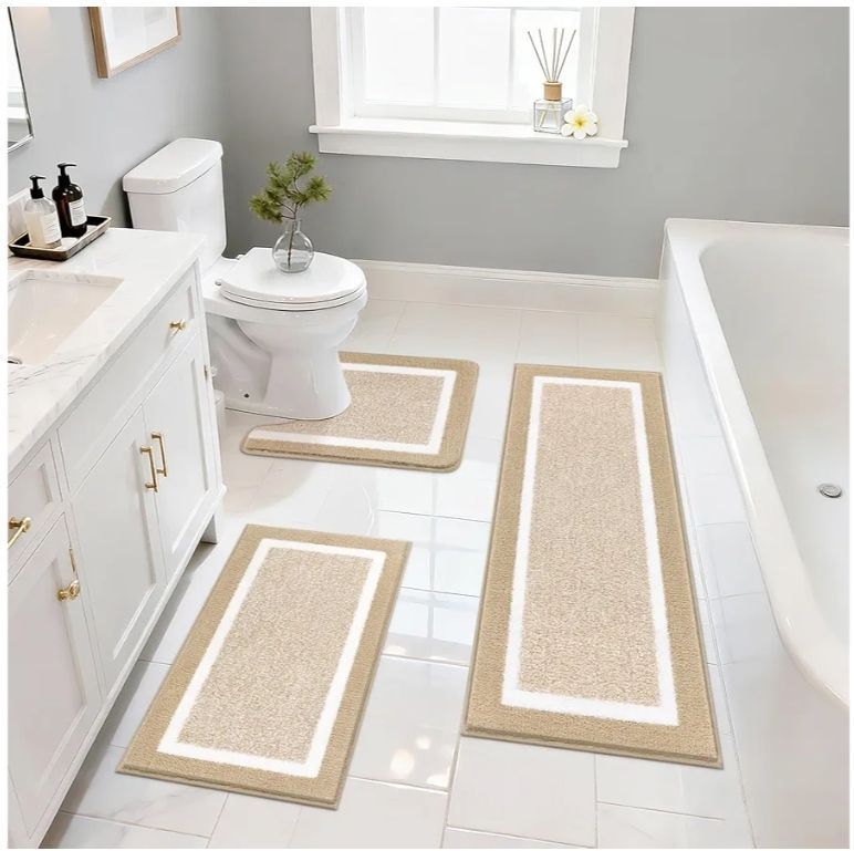 lot 17094 image: 3 Pieces Bathroom Rugs Sets, Microfiber Shaggy Bath Mat Set, Ultra Soft Non-Slip Rug with U Shaped Toilet for Bathroom, Tub, Shower Washable Carpets Set,Beige - Retail $39