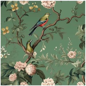 lot 27757 image: Vintage Green Bird Wallpaper Peel and Stick Chinoiserie Floral Wallpaper Removable Prepasted Height 17.7 (WIDTH UNKNOWN) Green Floral Wall Mural Self Adhesive Renter Friendly Wall Decor for Bedroom Bathroom - Retail $40