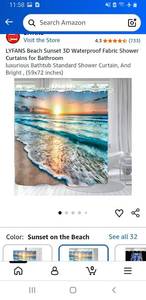 lot 27768 image: Beach Sunset 3D Waterproof Fabric Shower Curtains for Bathroomluxurious Bathtub Standard Shower Curtain, And Bright , (70x72 inches) - Retail $23